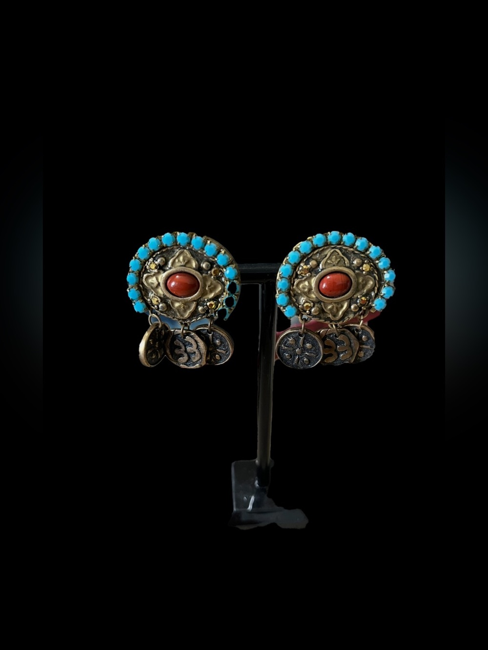 Chico’s Turquoise and Coral Dangle Earrings - Artisan Boho Clip Earrings